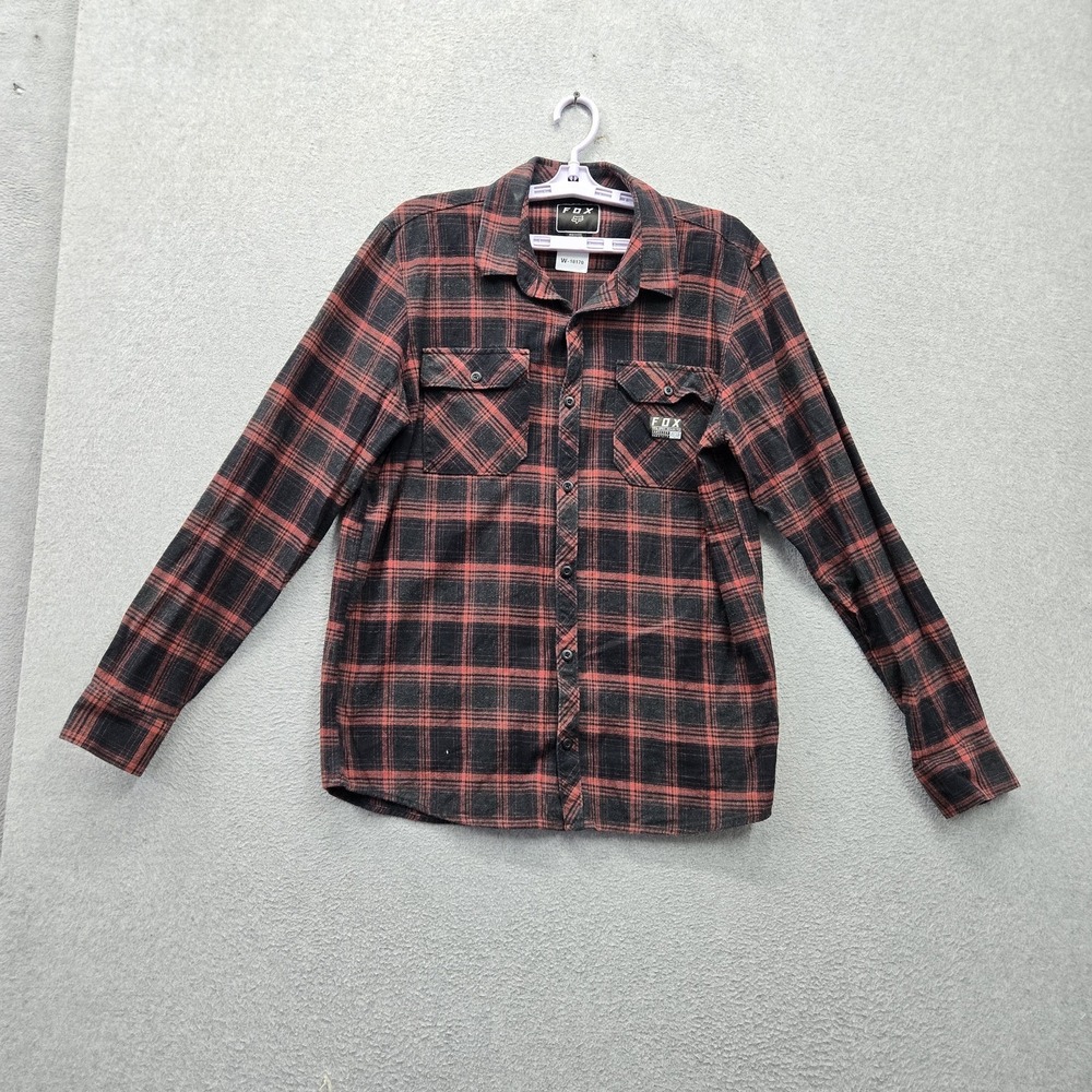 Fox Men Button Up Shirt L Red Plaid Flannel Grunge Long Sleeve Collar Pockets
